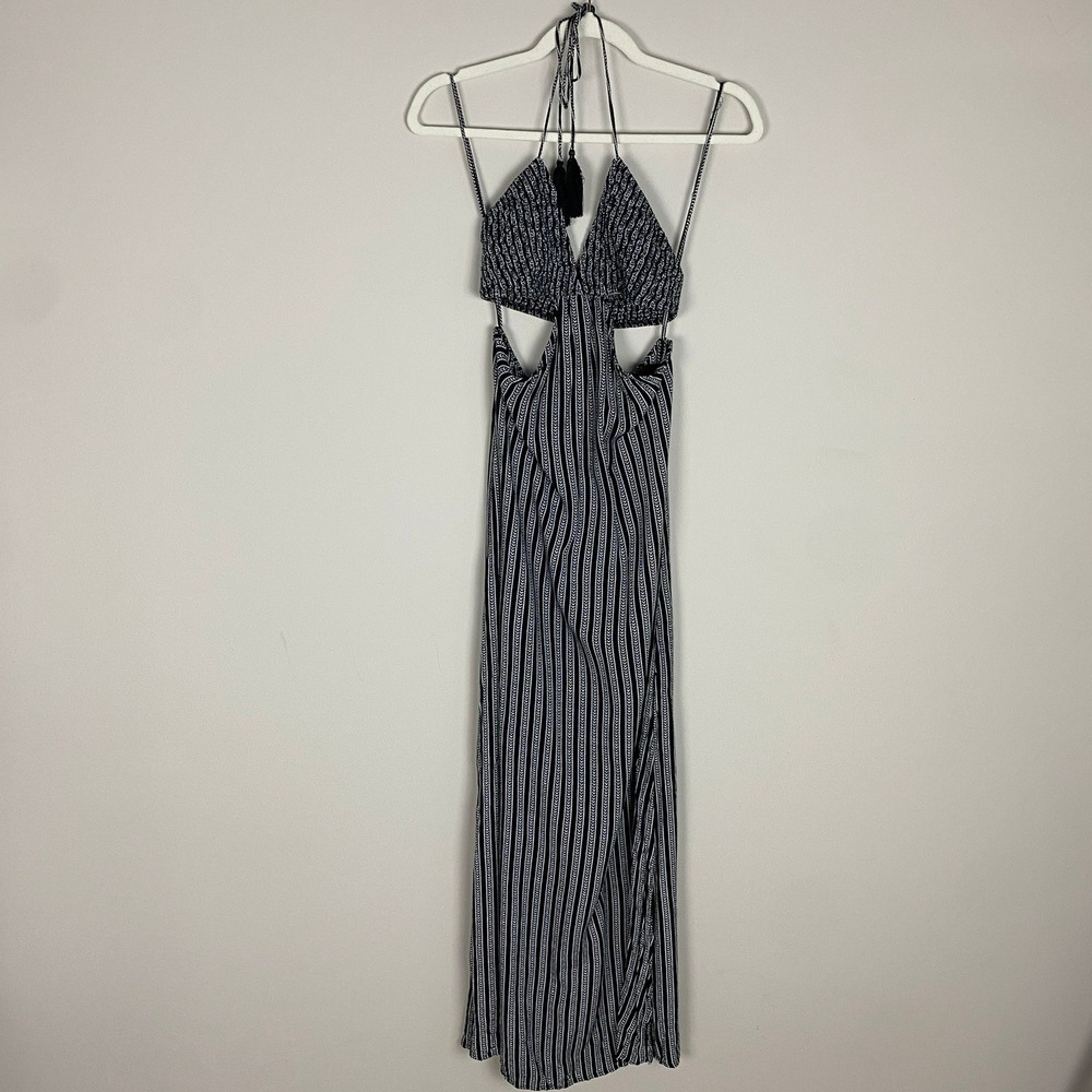 Indah Blaze Maxi Dress Chevron Striped Small Black Cutout Halter Beach Vacation